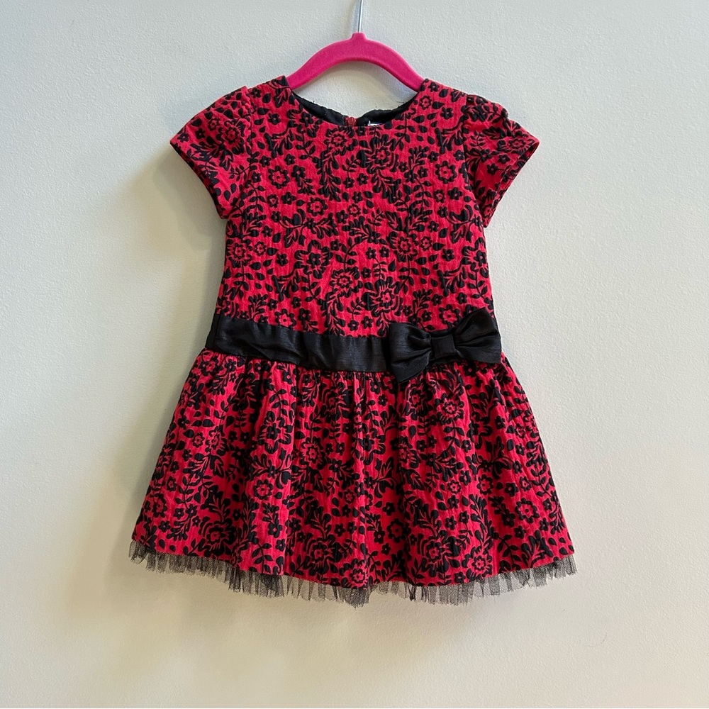 Hartstrings Red & Black Short Sleeve Holiday Party Floral Dress, Size 18 Months